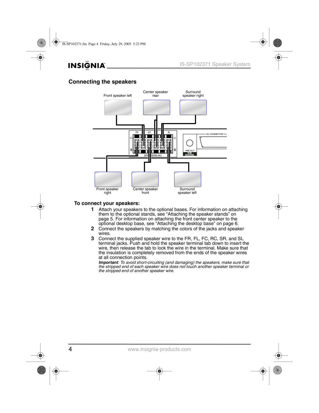 Insignia manual Connecting the speakers, To connect your speakers, IS-SP102371Speaker System 