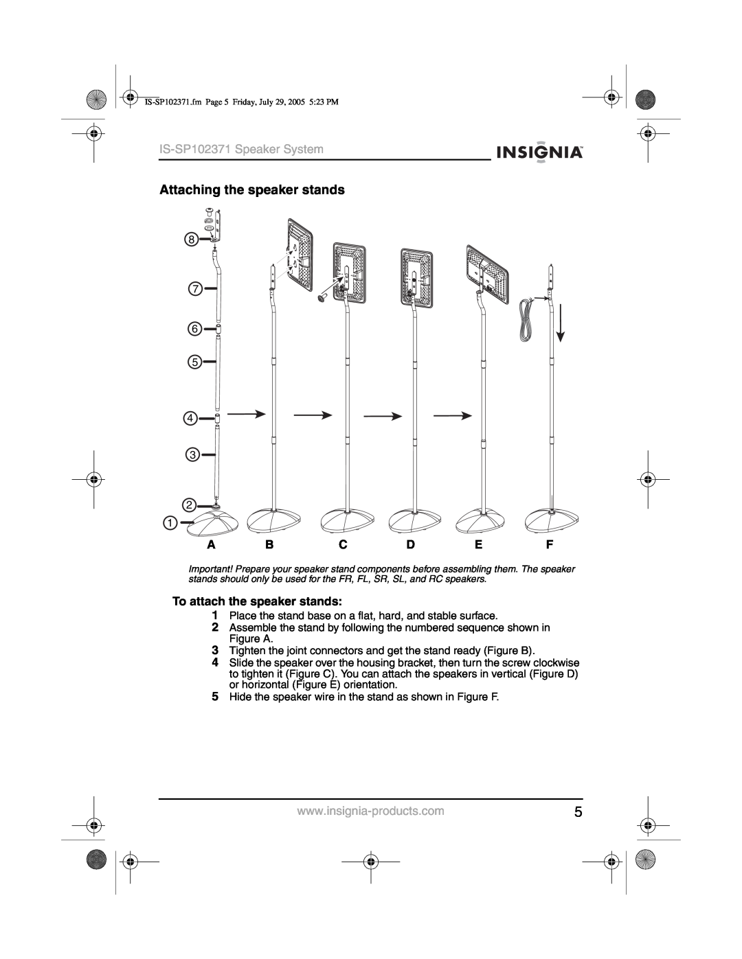 Insignia manual Attaching the speaker stands, A B C D E F, To attach the speaker stands, IS-SP102371Speaker System 