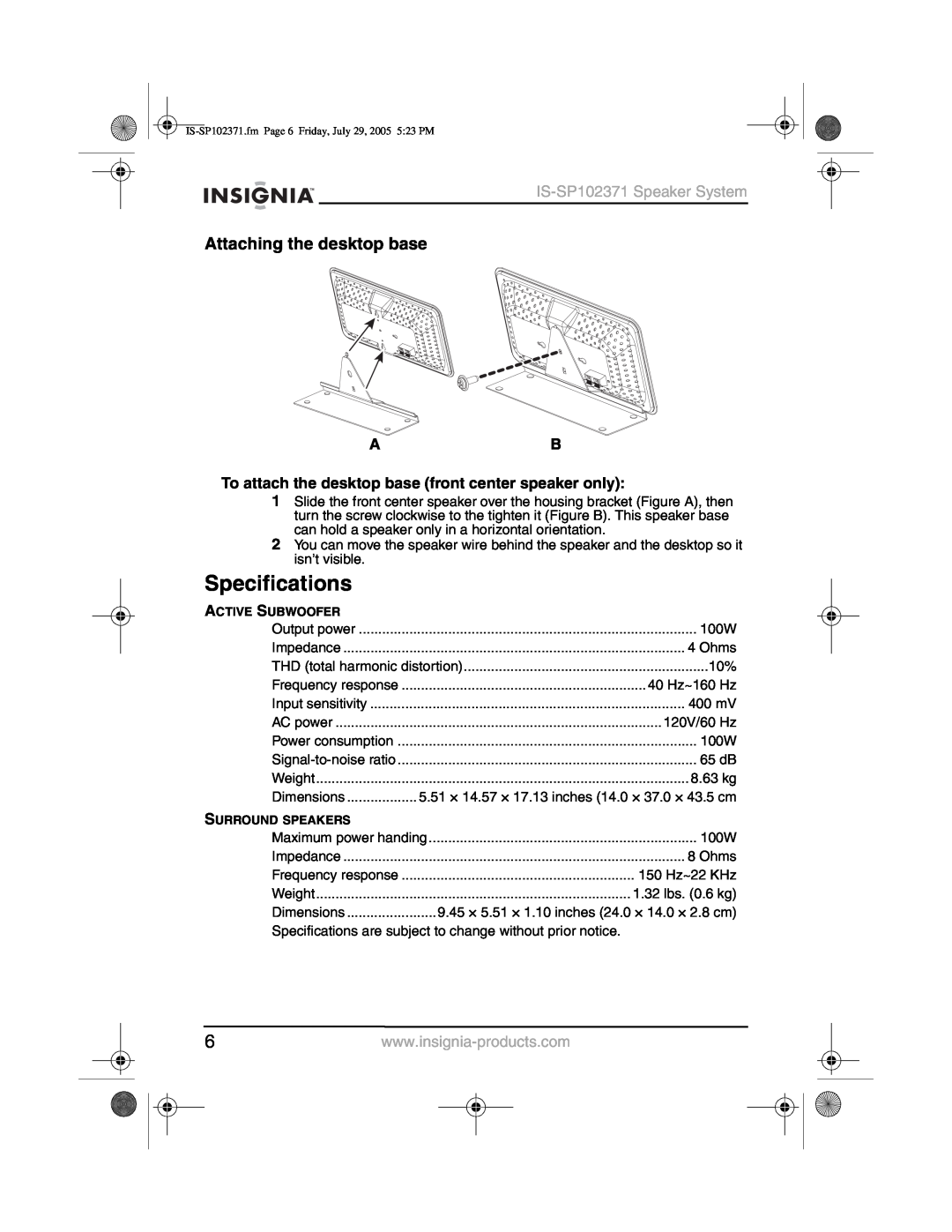 Insignia manual Specifications, Attaching the desktop base, IS-SP102371Speaker System 