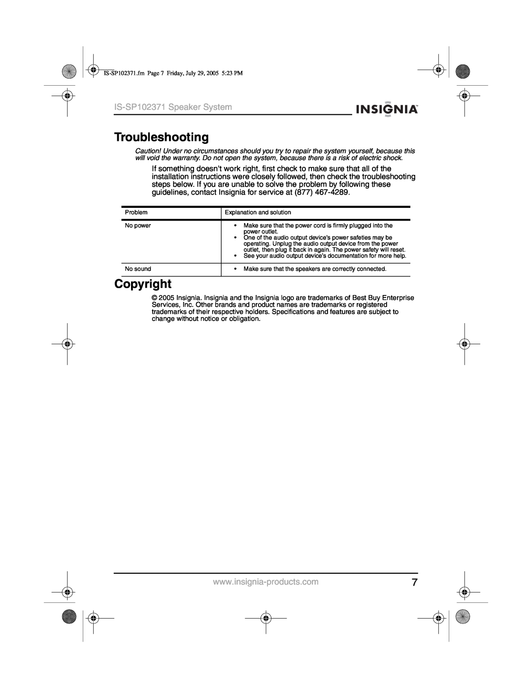 Insignia manual Troubleshooting, Copyright, IS-SP102371Speaker System 