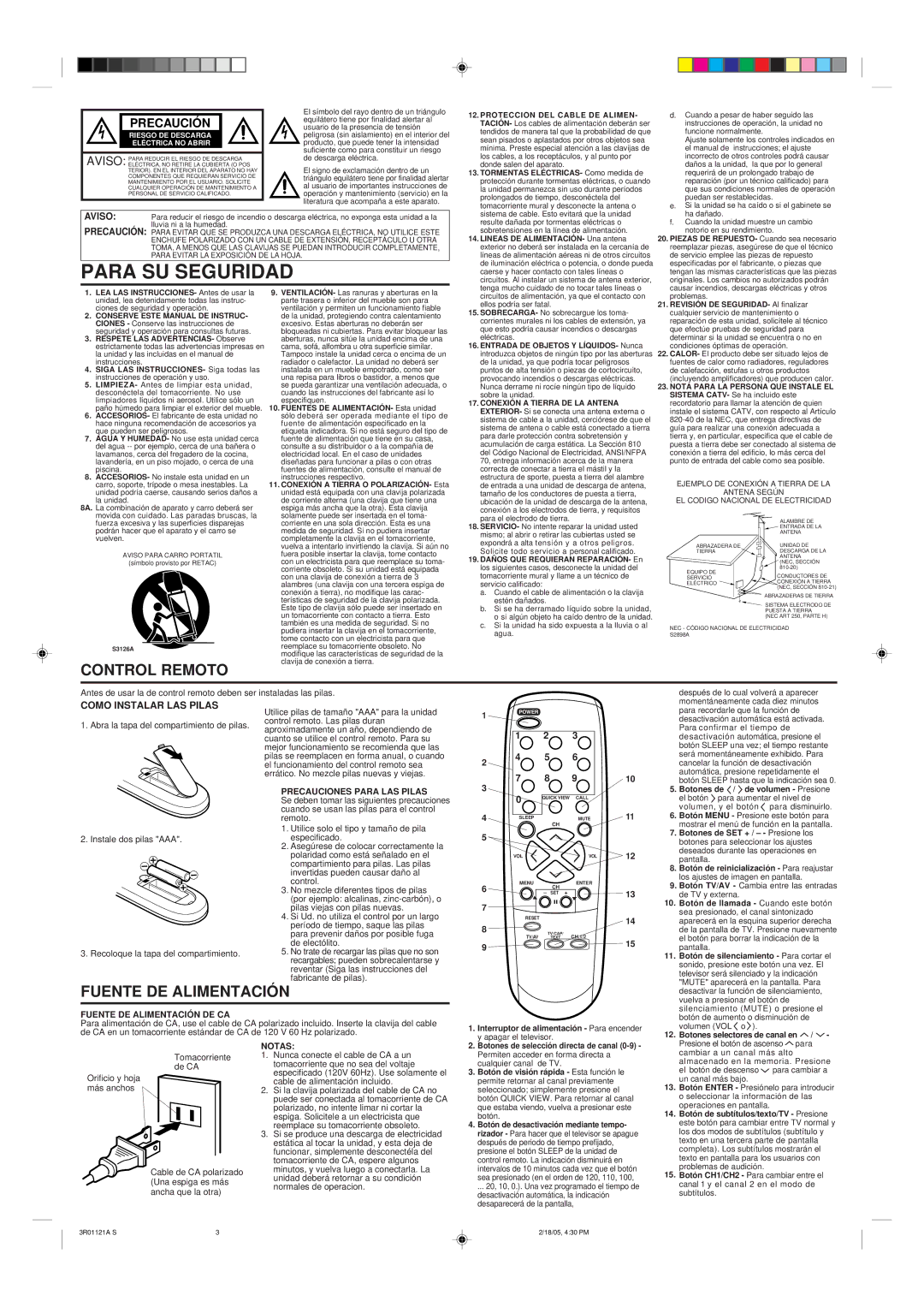 Insignia IS-TV040917 owner manual Control Remoto, Fuente DE Alimentación, Como Instalar LAS Pilas 