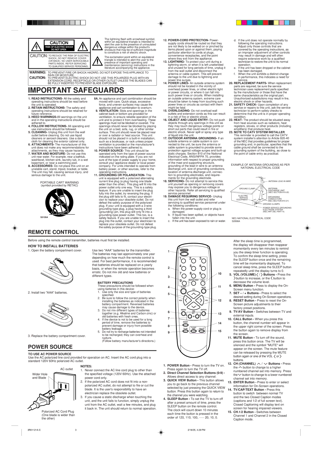 Insignia IS-TV040917 owner manual Remote Control, HOW to Install Batteries, To USE AC Power Source, CH Channel 