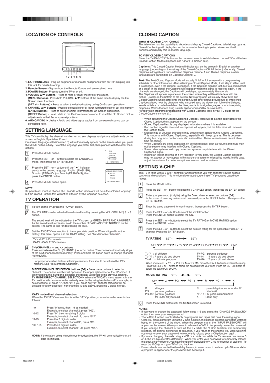 Insignia IS-TV040917 owner manual Location of Controls Closed Caption, Setting Language, Setting V-CHIP, TV Operation 