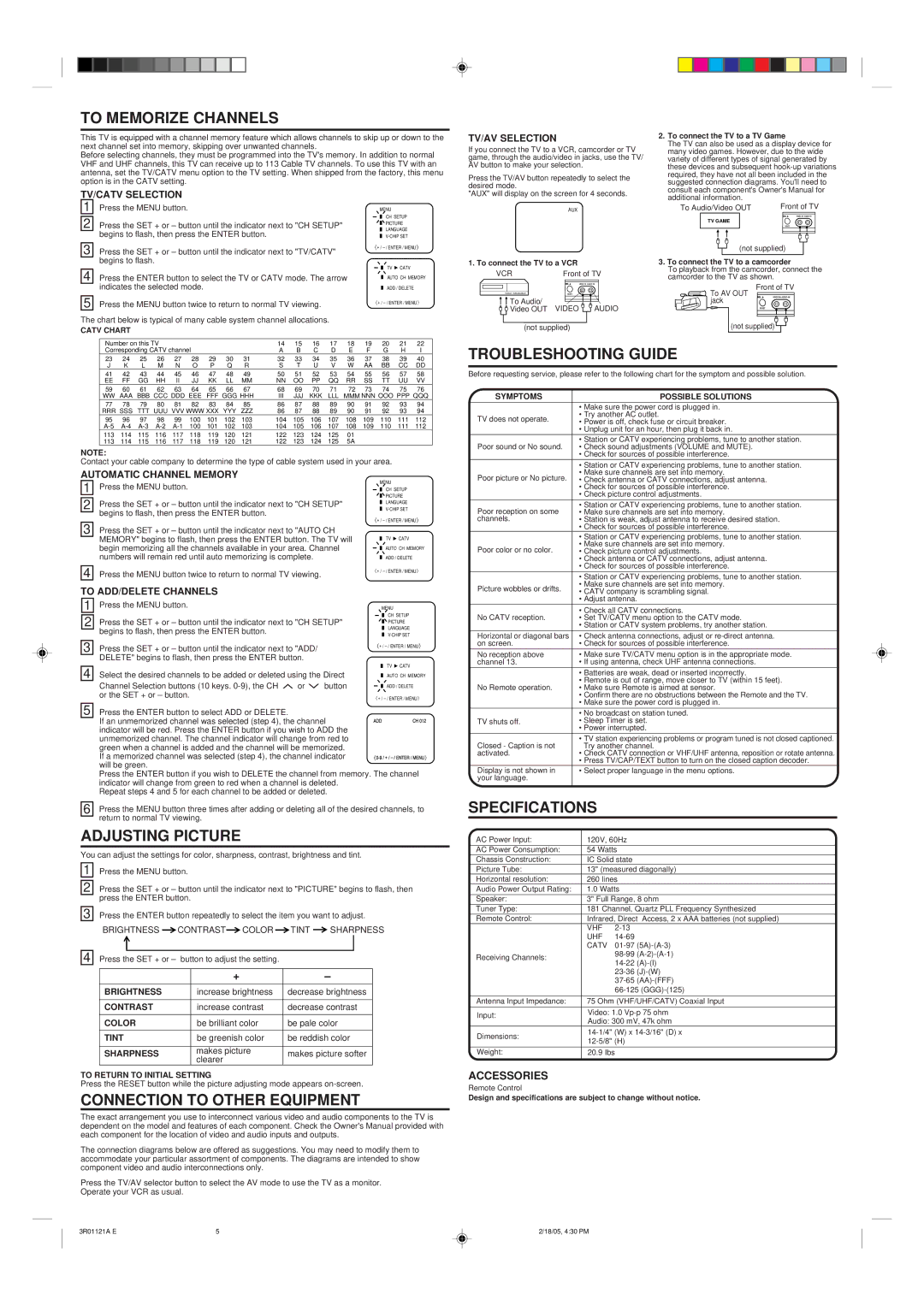 Insignia IS-TV040917 To Memorize Channels, Adjusting Picture, Connection to Other Equipment, Troubleshooting Guide 