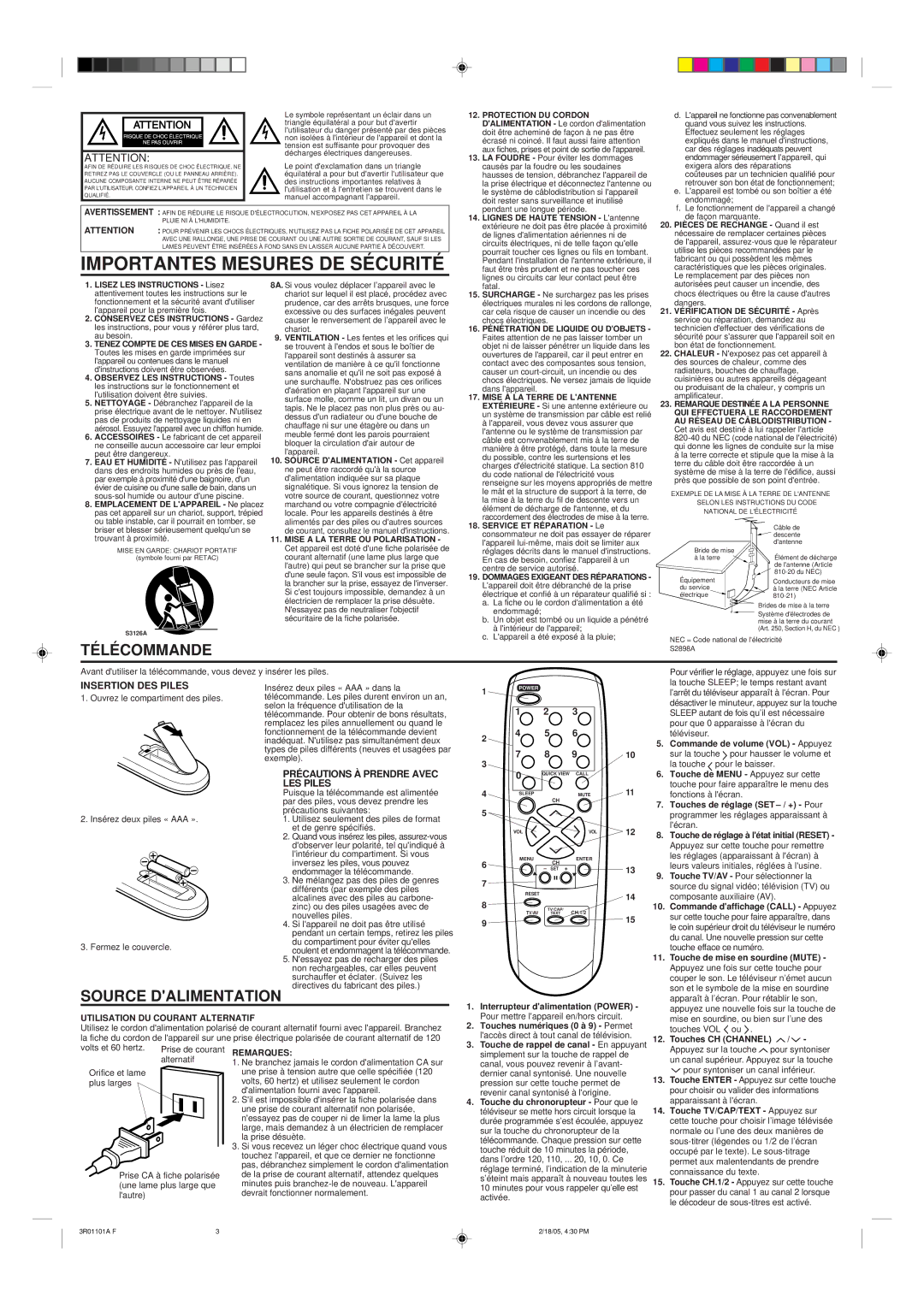 Insignia IS-TV040917 owner manual Télécommande, Insertion DES Piles, Précautions À Prendre Avec LES Piles, Remarques 