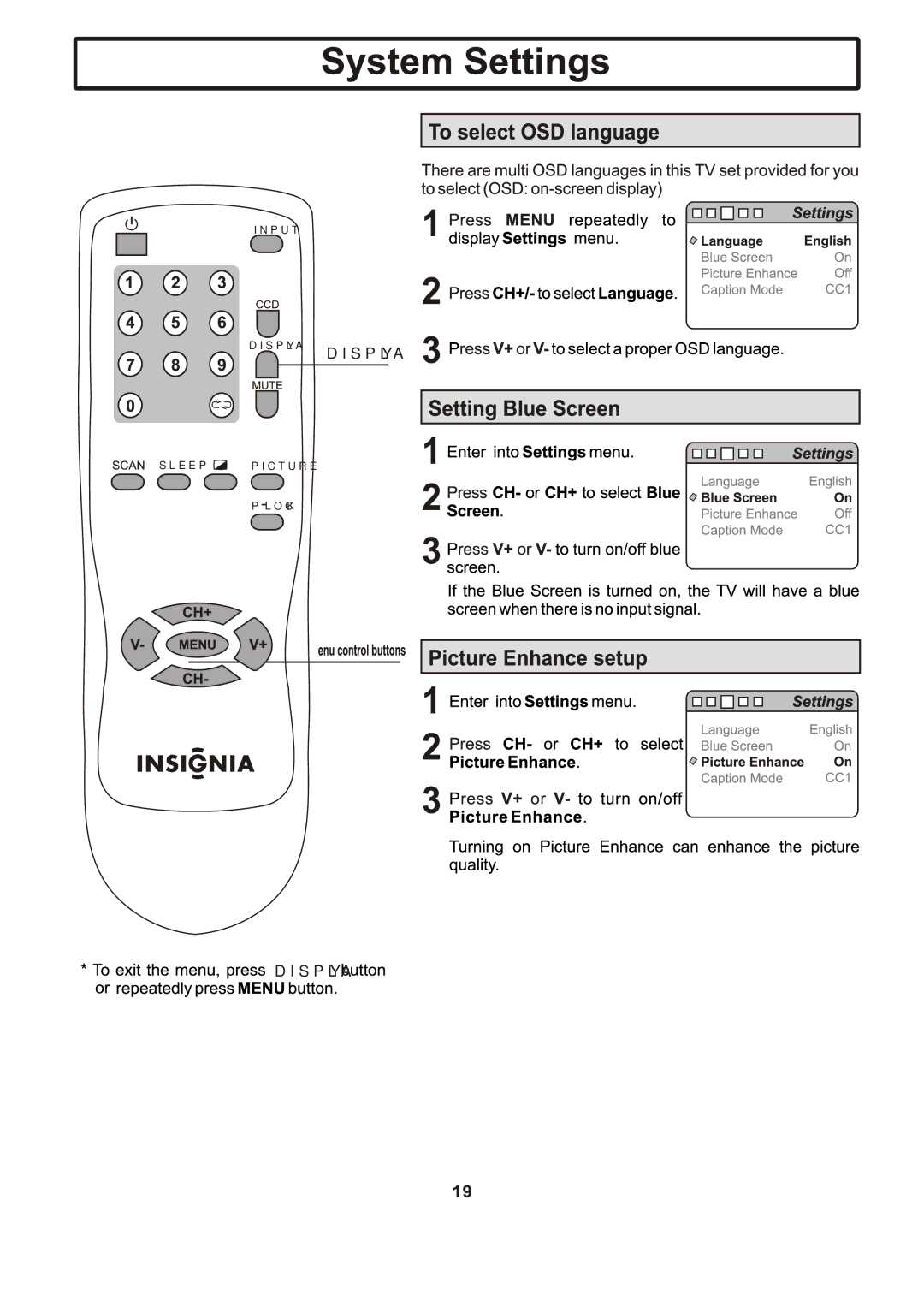 Insignia IS-TV040919 manual Display 