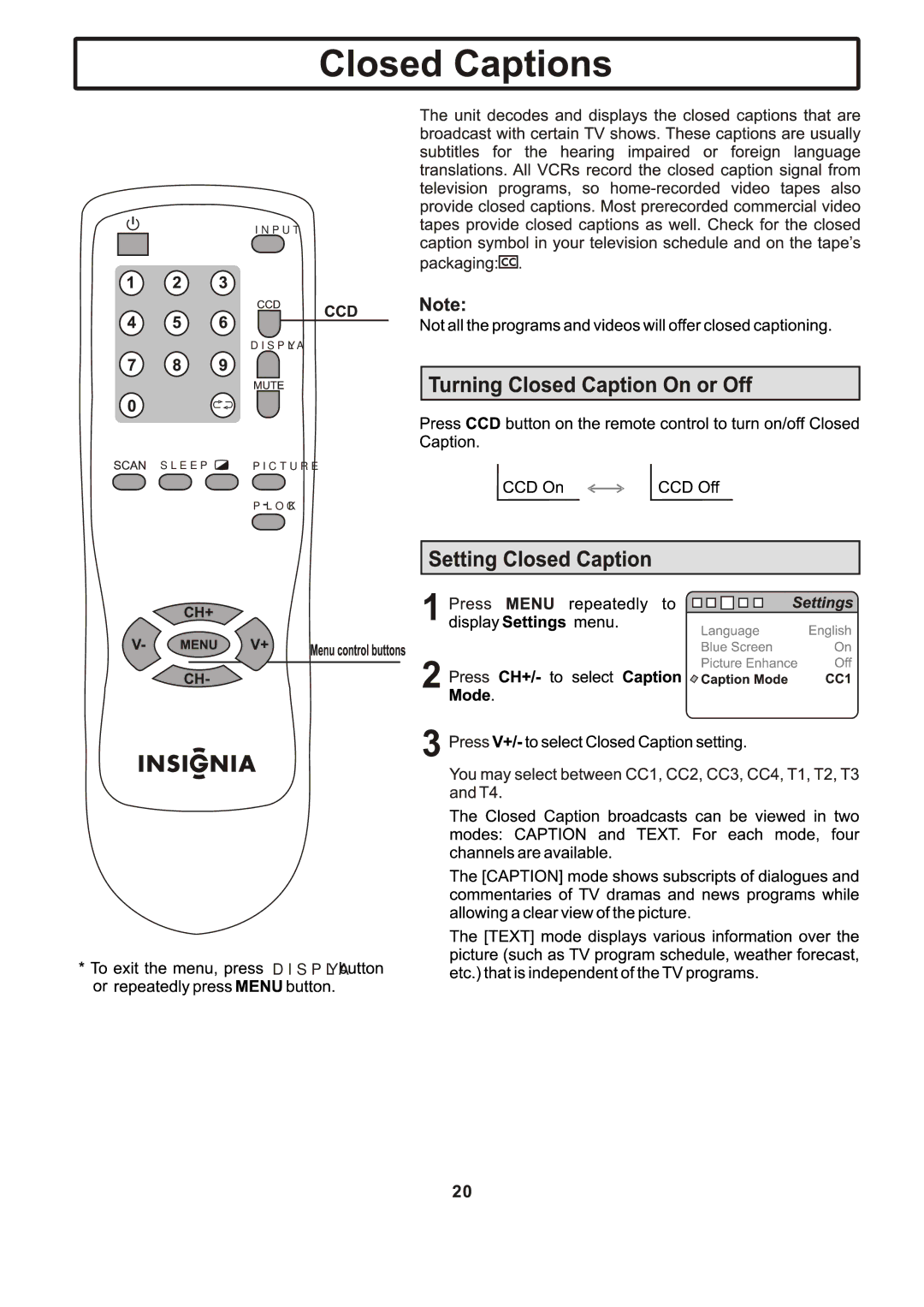 Insignia IS-TV040919 manual Input Display Sleeppicture Lock 