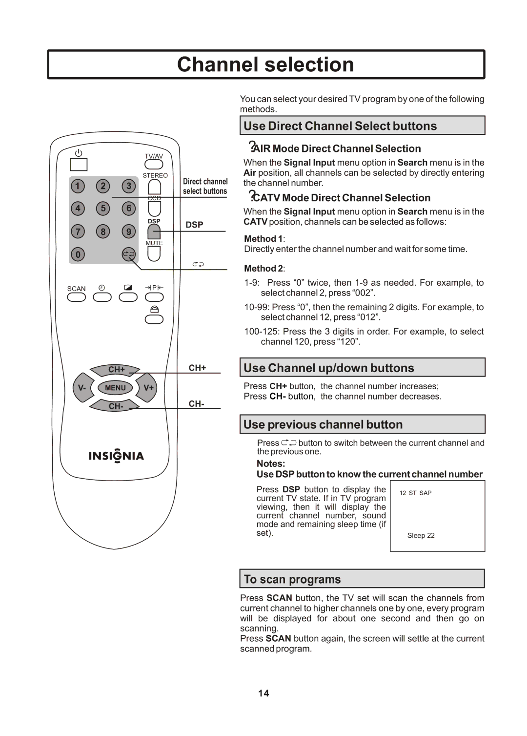 Insignia IS-TV040922 Channel selection, Use Direct Channel Select buttons, Use Channel up/down buttons, To scan programs 