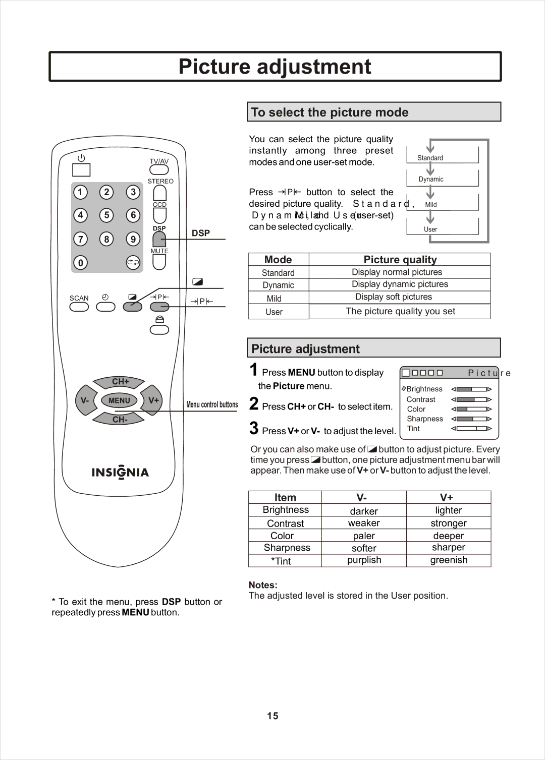 Insignia IS-TV040922 user manual Picture adjustment, To select the picture mode 