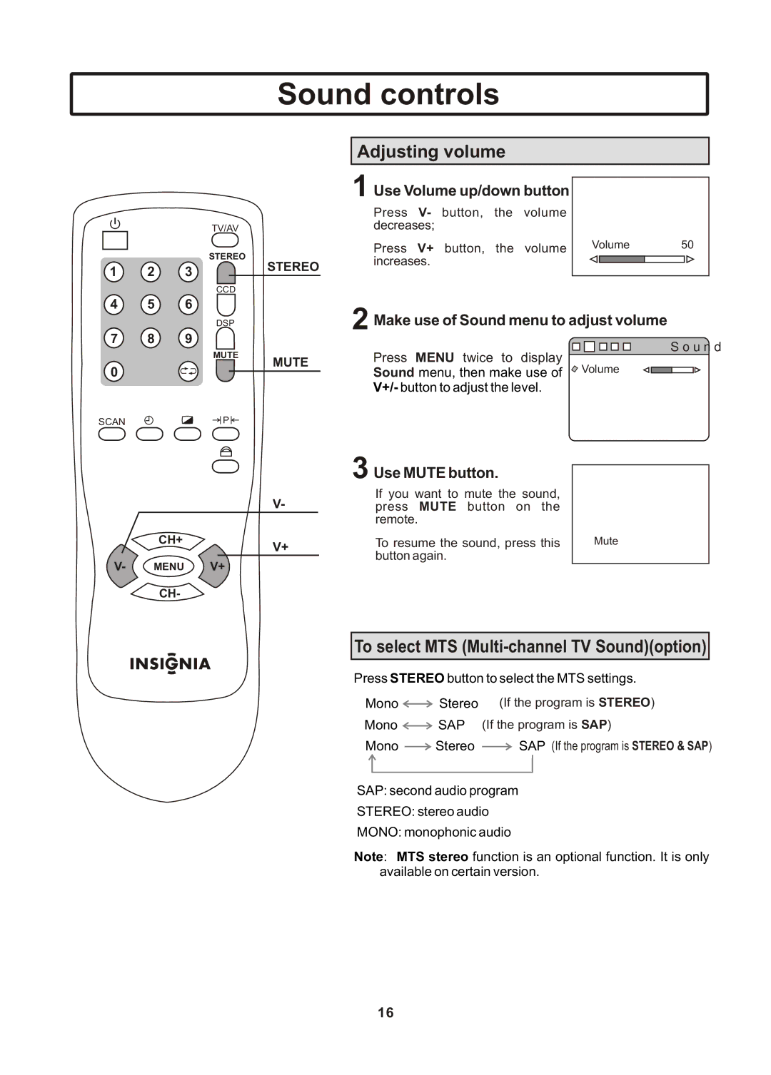 Insignia IS-TV040922 user manual Sound controls, Adjusting volume 