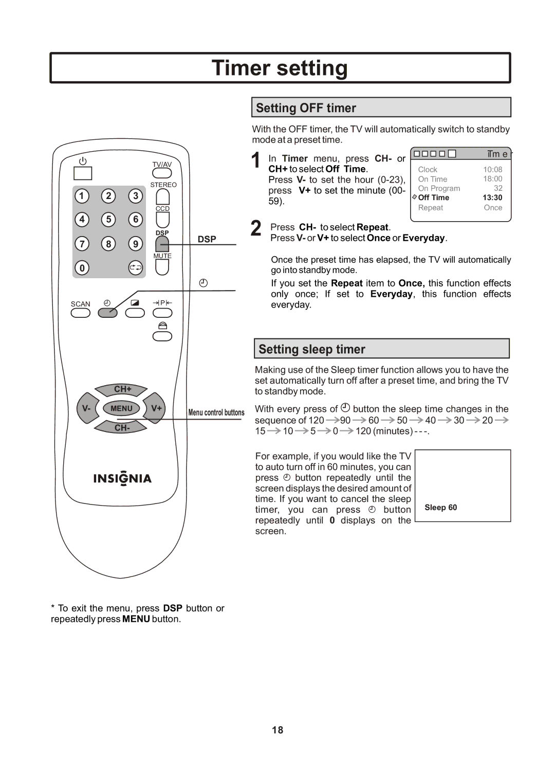 Insignia IS-TV040922 user manual Setting OFF timer, Setting sleep timer 
