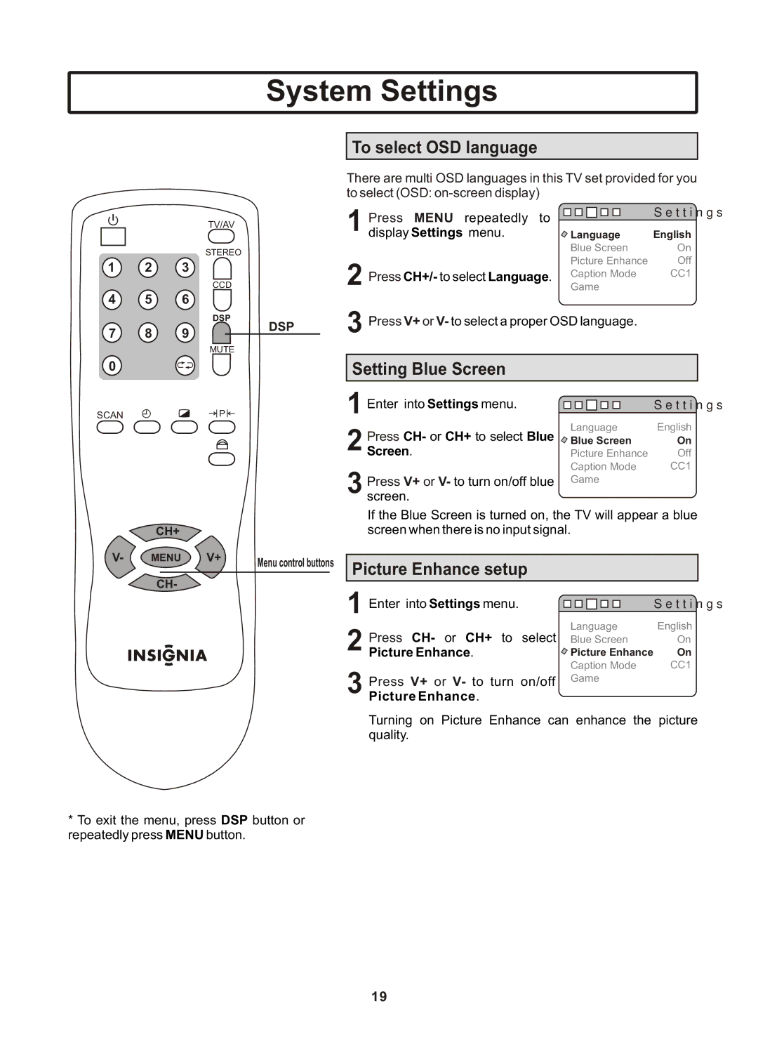 Insignia IS-TV040922 user manual System Settings, To select OSD language, Setting Blue Screen, Picture Enhance setup 