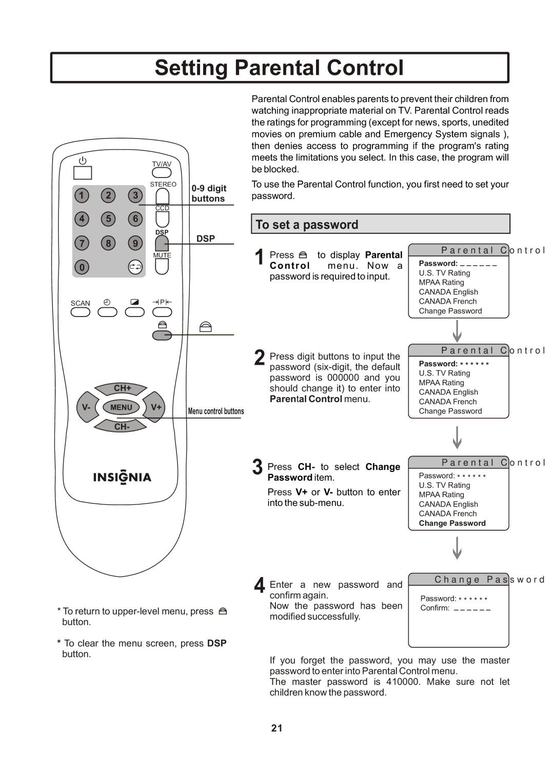 Insignia IS-TV040922 user manual Setting Parental Control, To set a password 