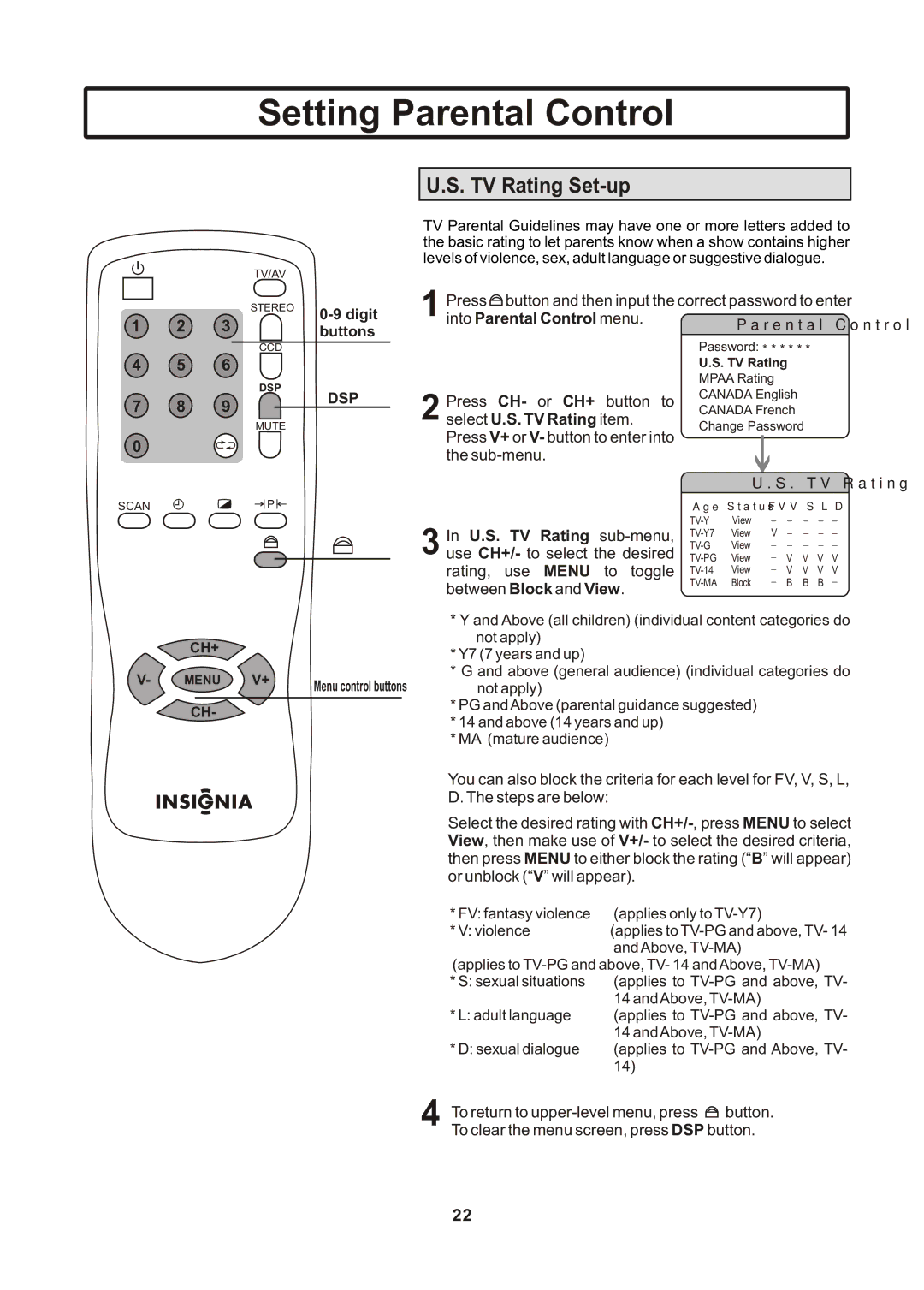 Insignia IS-TV040922 user manual TV Rating Set-up 
