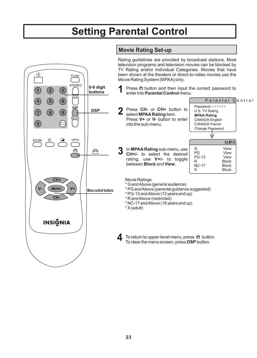Insignia IS-TV040922 user manual Movie Rating Set-up, Ch+ 
