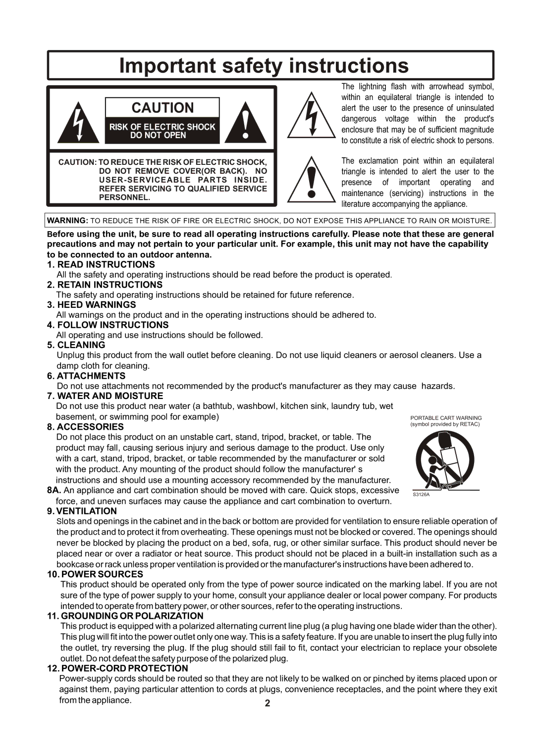 Insignia IS-TV040922 user manual Important safety instructions, Risk of Electric Shock Do not Open 