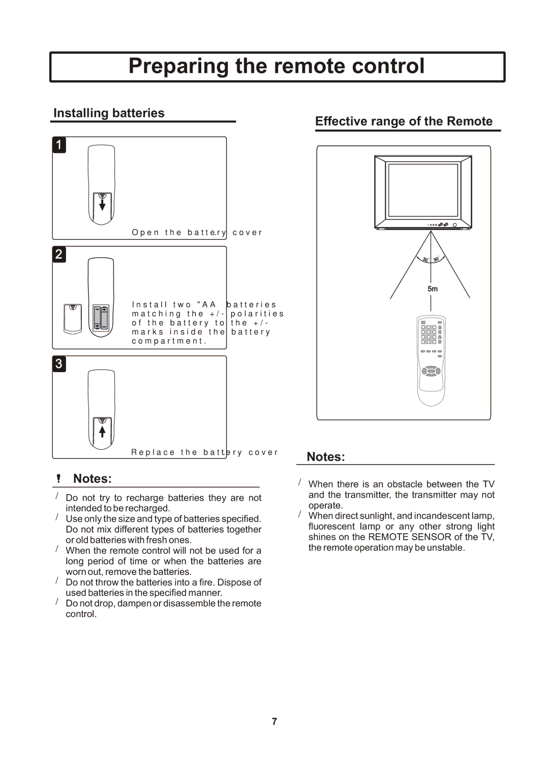 Insignia IS-TV040922 user manual Preparing the remote control, Installing batteries Effective range of the Remote 