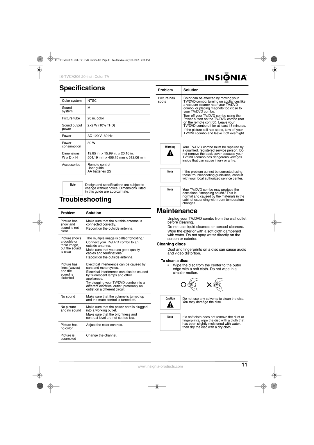 Insignia IS-TVDVD20 manual Specifications, Troubleshooting, Maintenance, Cleaning discs 