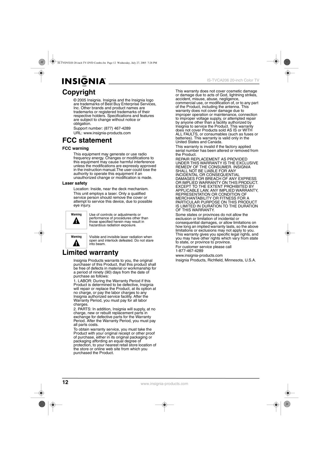 Insignia IS-TVDVD20 manual Copyright, FCC statement, Limited warranty, FCC warning, Laser safety 