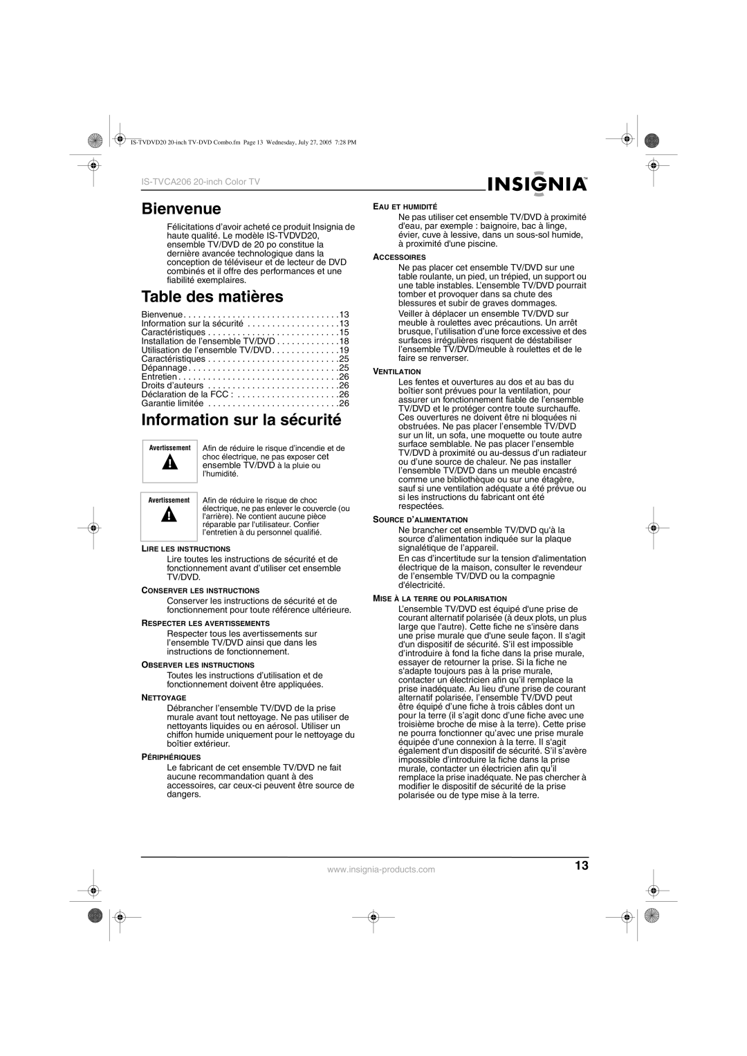 Insignia IS-TVDVD20 manual Bienvenue, Table des matières, Information sur la sécurité 