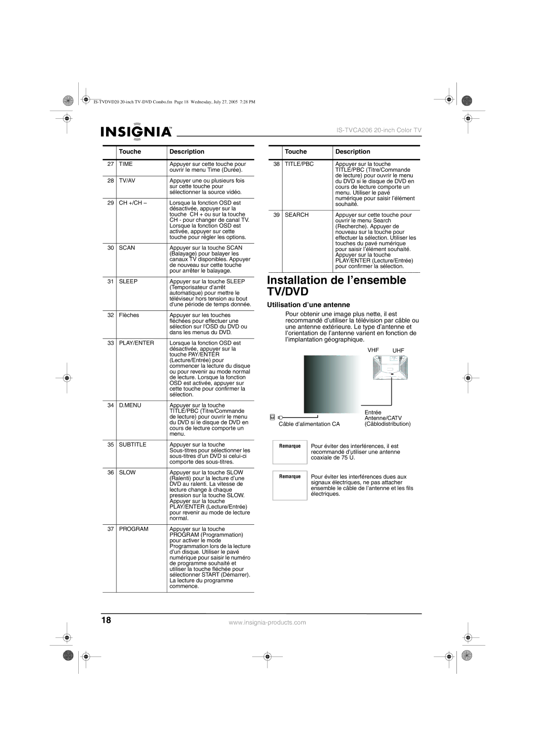 Insignia IS-TVDVD20 manual Installation de l’ensemble, Utilisation d’une antenne 