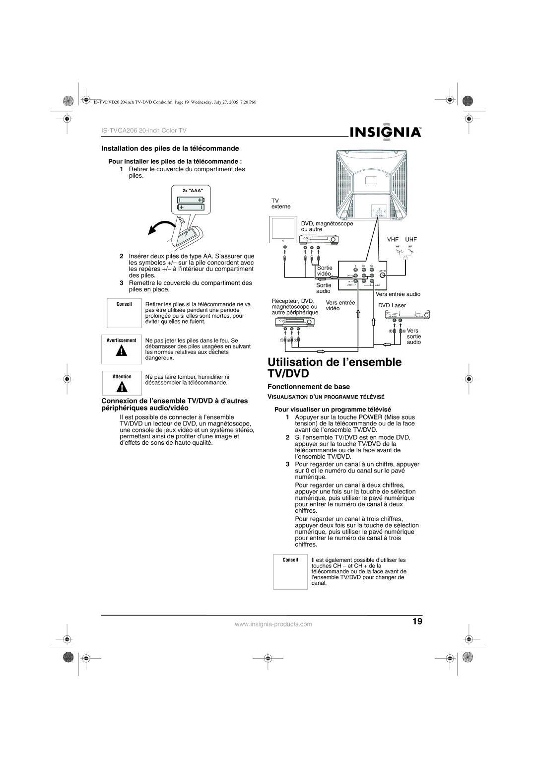 Insignia IS-TVDVD20 manual Utilisation de l’ensemble, Installation des piles de la télécommande, Fonctionnement de base 