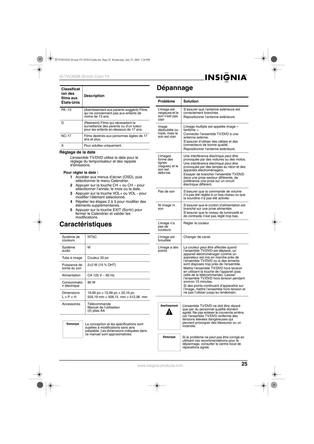 Insignia IS-TVDVD20 Dépannage, Réglage de la date, Classificat Ion des Description Films aux États-Unis, Problème Solution 