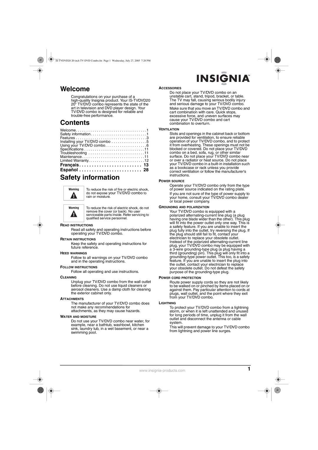 Insignia IS-TVDVD20 manual Welcome, Contents, Safety information 