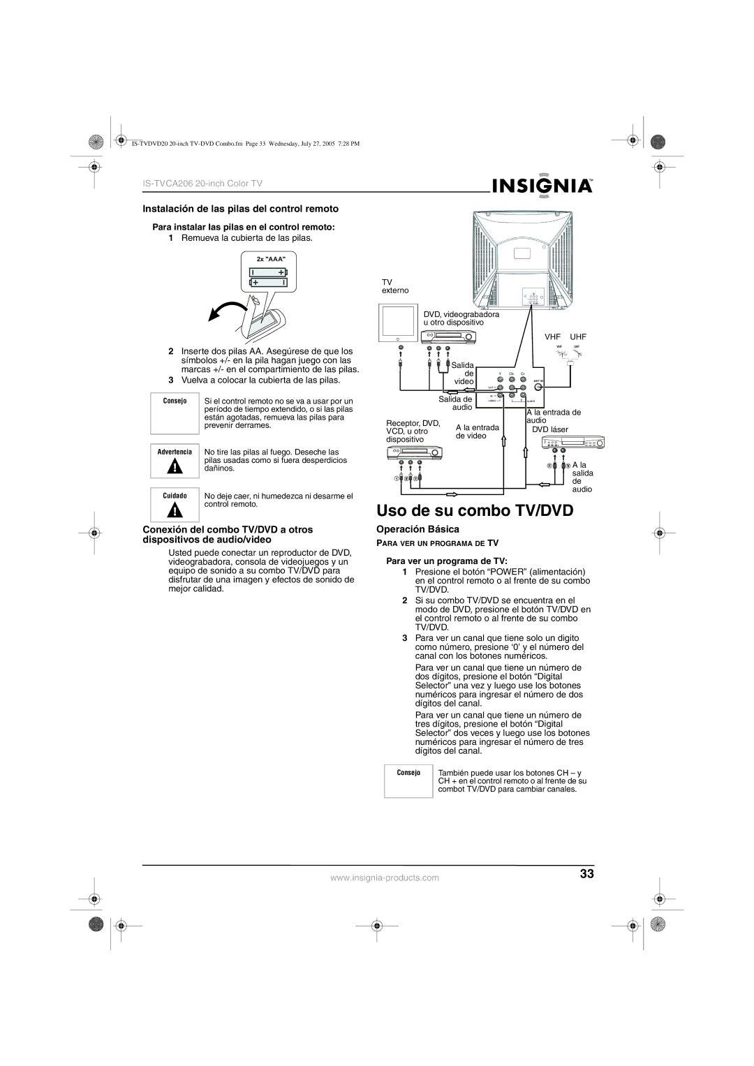 Insignia IS-TVDVD20 manual Uso de su combo TV/DVD, Instalación de las pilas del control remoto, Operación Básica 