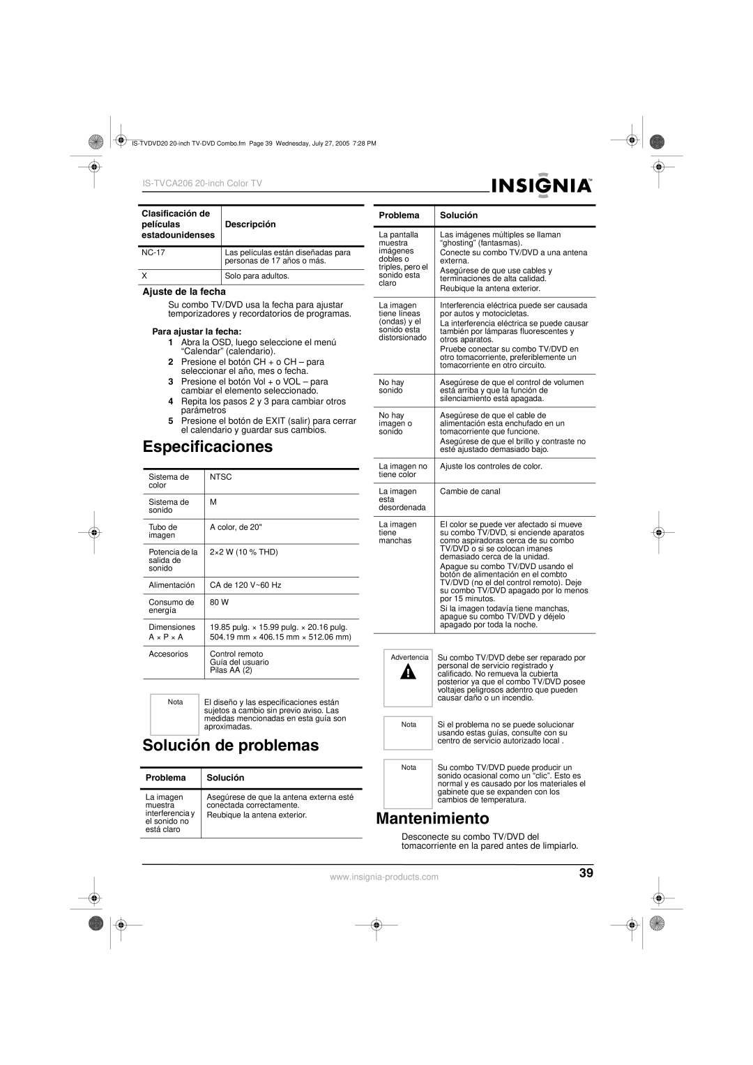 Insignia IS-TVDVD20 manual Especificaciones, De problemas, Mantenimiento, Ajuste de la fecha 