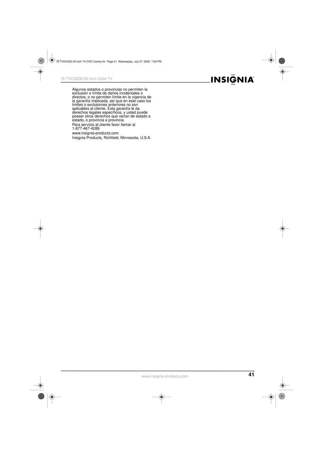 Insignia IS-TVDVD20 manual IS-TVCA206 20-inch Color TV 