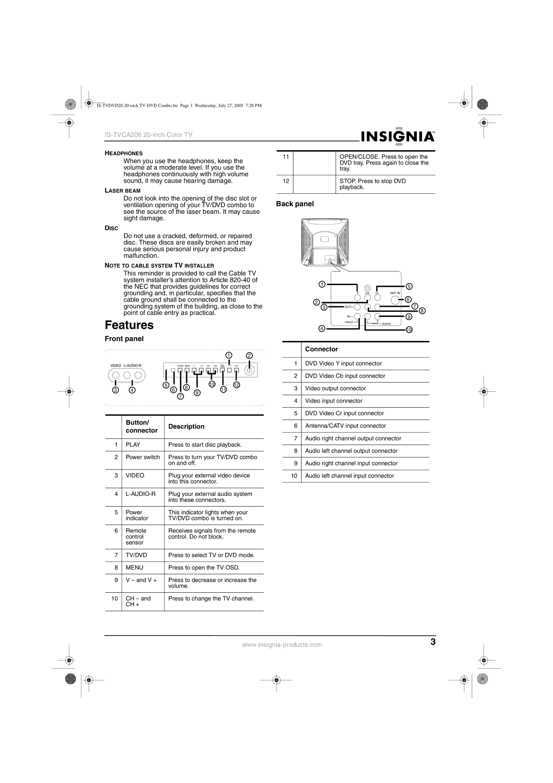 Insignia IS-TVDVD20 manual Features, Front panel, Back panel, Button Description Connector 