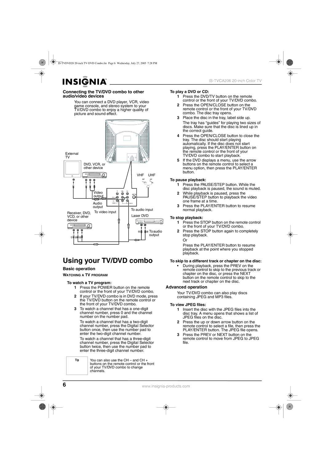 Insignia IS-TVDVD20 Using your TV/DVD combo, Connecting the TV/DVD combo to other audio/video devices, Basic operation 