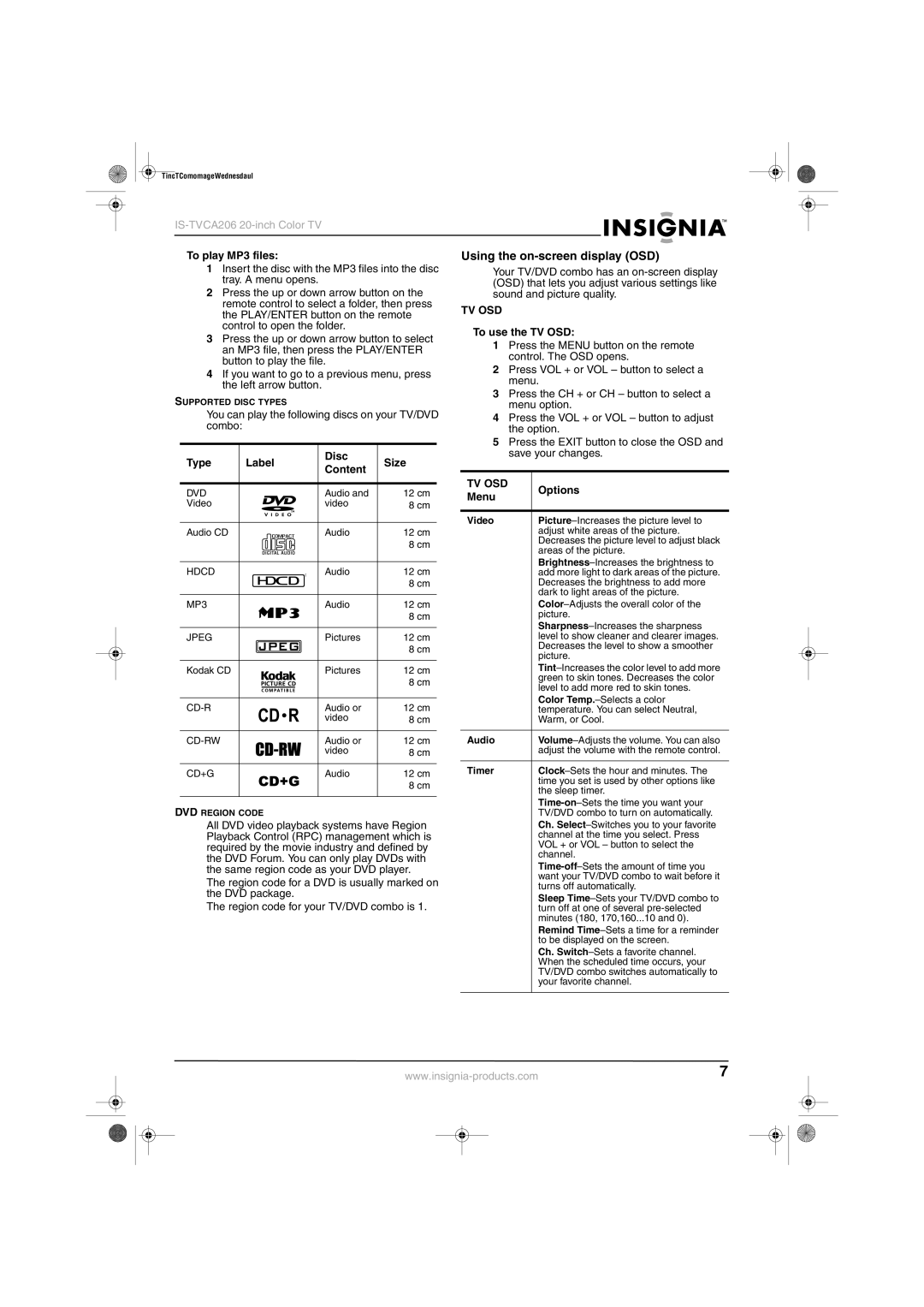 Insignia IS-TVDVD20 manual Using the on-screen display OSD 