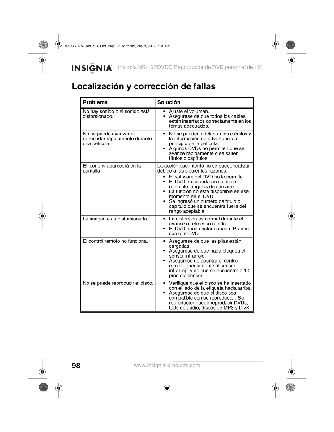 Insignia NS-10PDVDD manual Localización y corrección de fallas, Problema Solución 