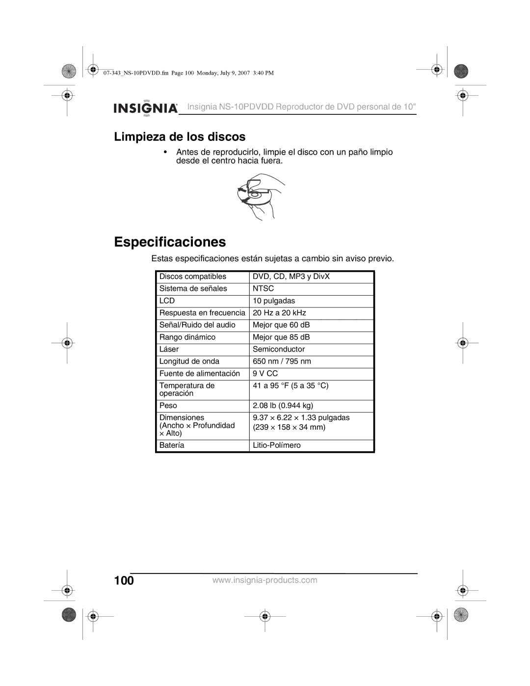 Insignia NS-10PDVDD manual Especificaciones, Limpieza de los discos 