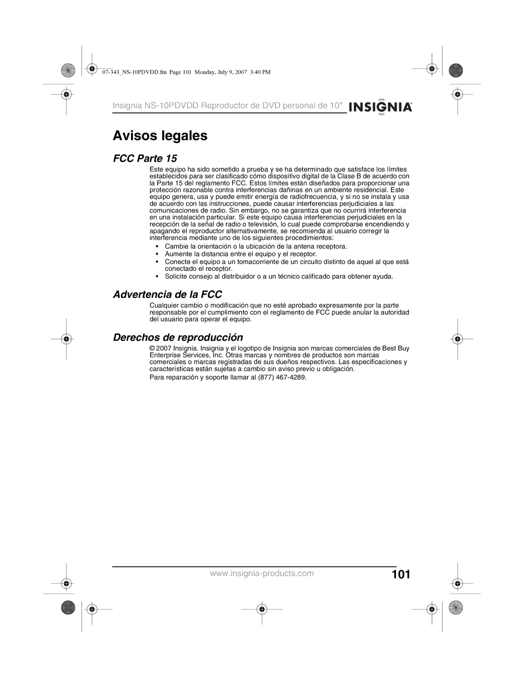 Insignia NS-10PDVDD manual Avisos legales, FCC Parte, Advertencia de la FCC, Derechos de reproducción 