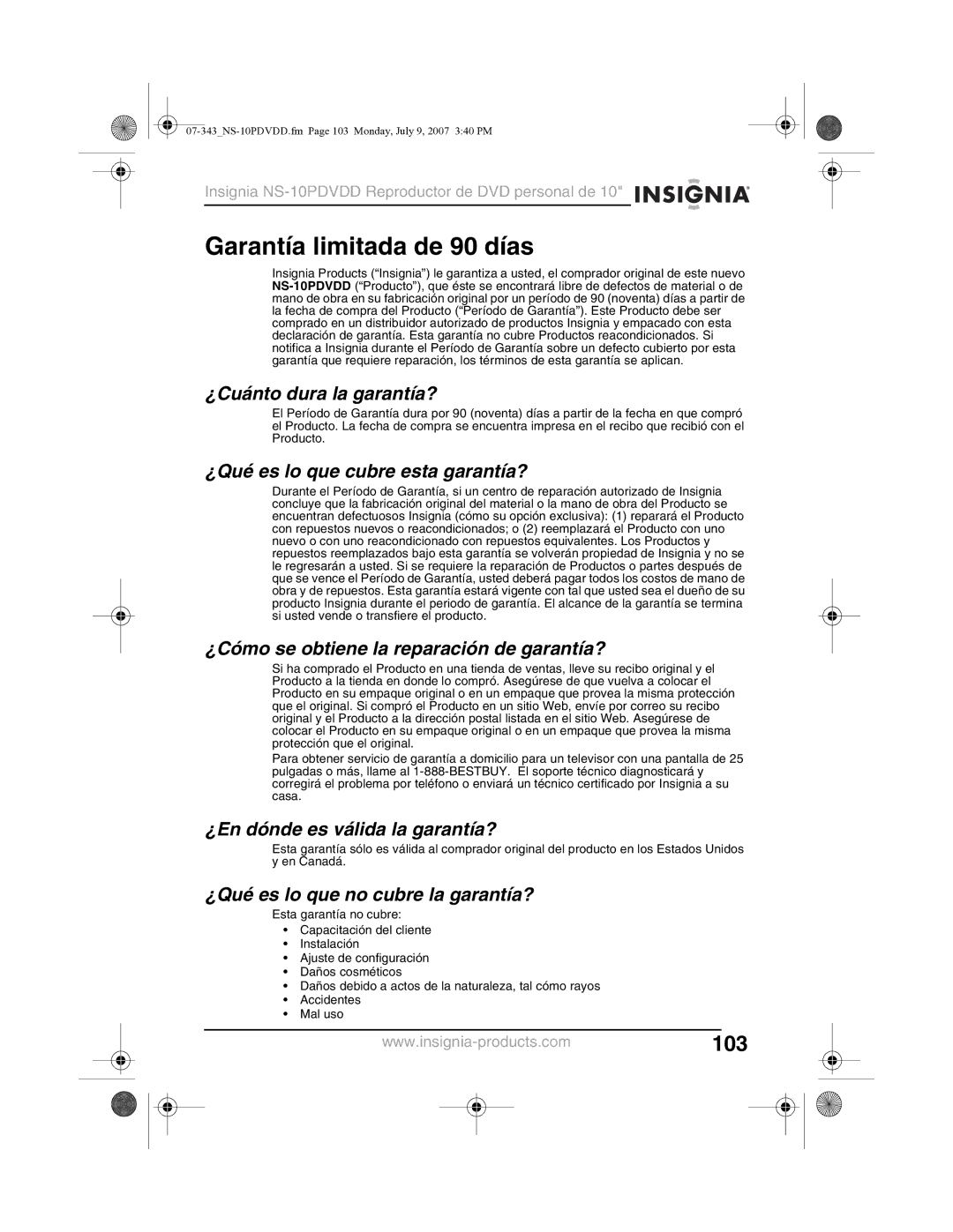 Insignia NS-10PDVDD manual Garantía limitada de 90 días 