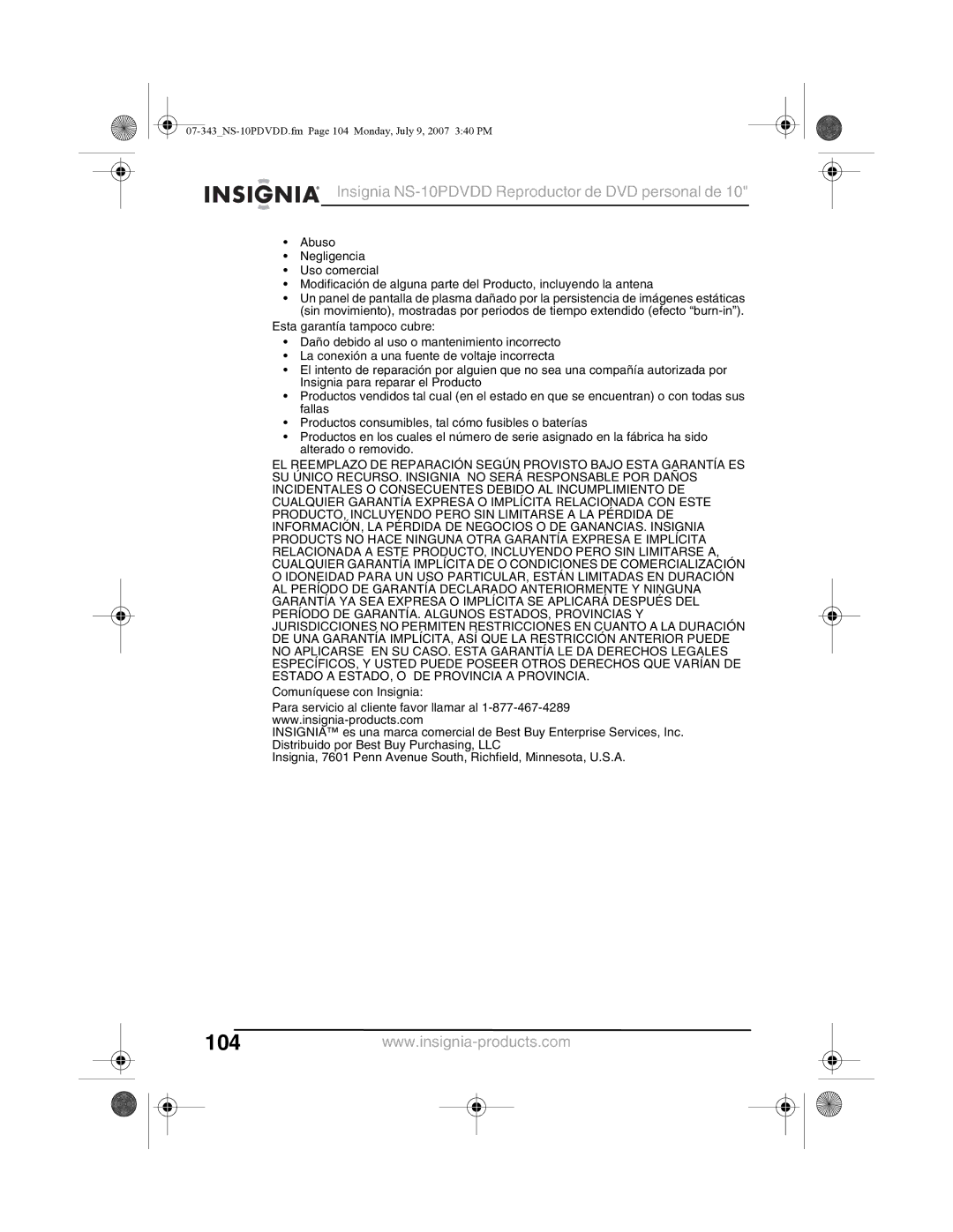 Insignia manual 07-343NS-10PDVDD.fm Page 104 Monday, July 9, 2007 340 PM 