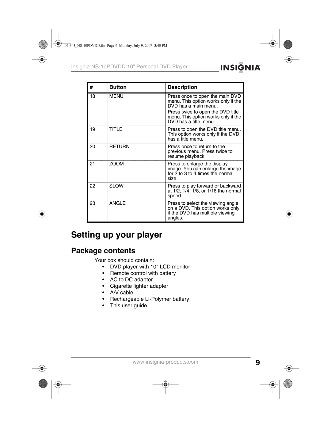 Insignia NS-10PDVDD manual Setting up your player, Package contents 