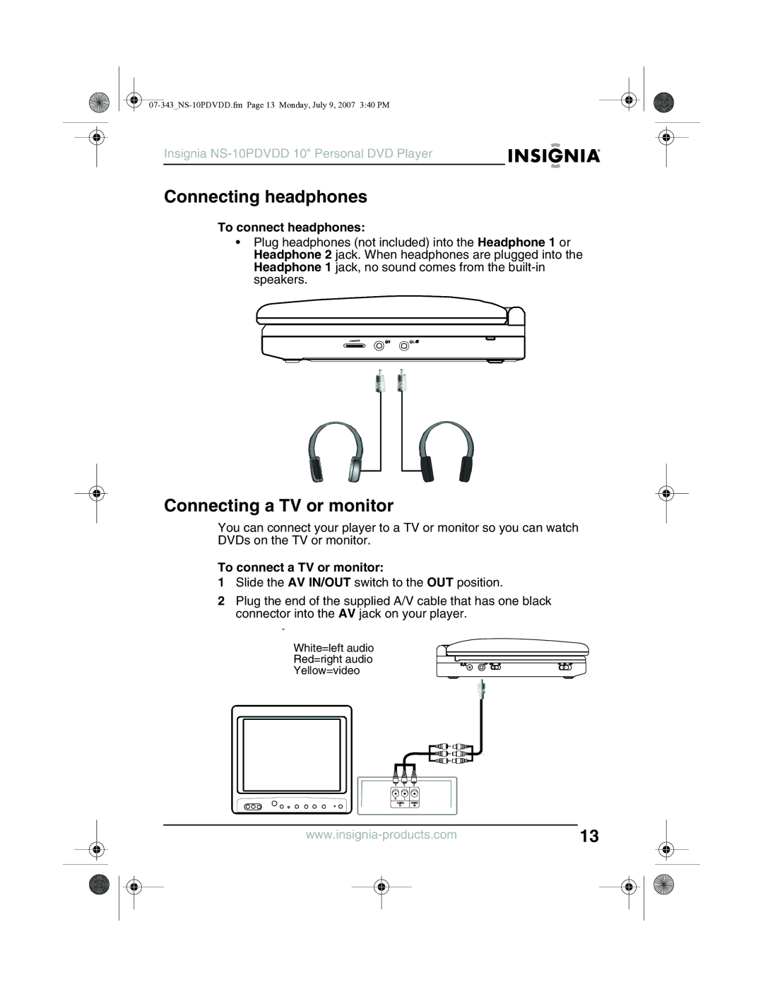 Insignia NS-10PDVDD Connecting headphones, Connecting a TV or monitor, To connect headphones, To connect a TV or monitor 