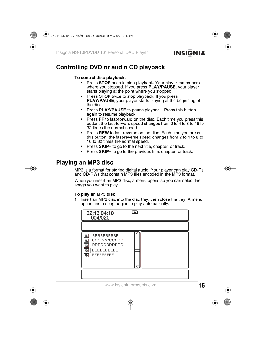 Insignia NS-10PDVDD manual Controlling DVD or audio CD playback, Playing an MP3 disc, To control disc playback 