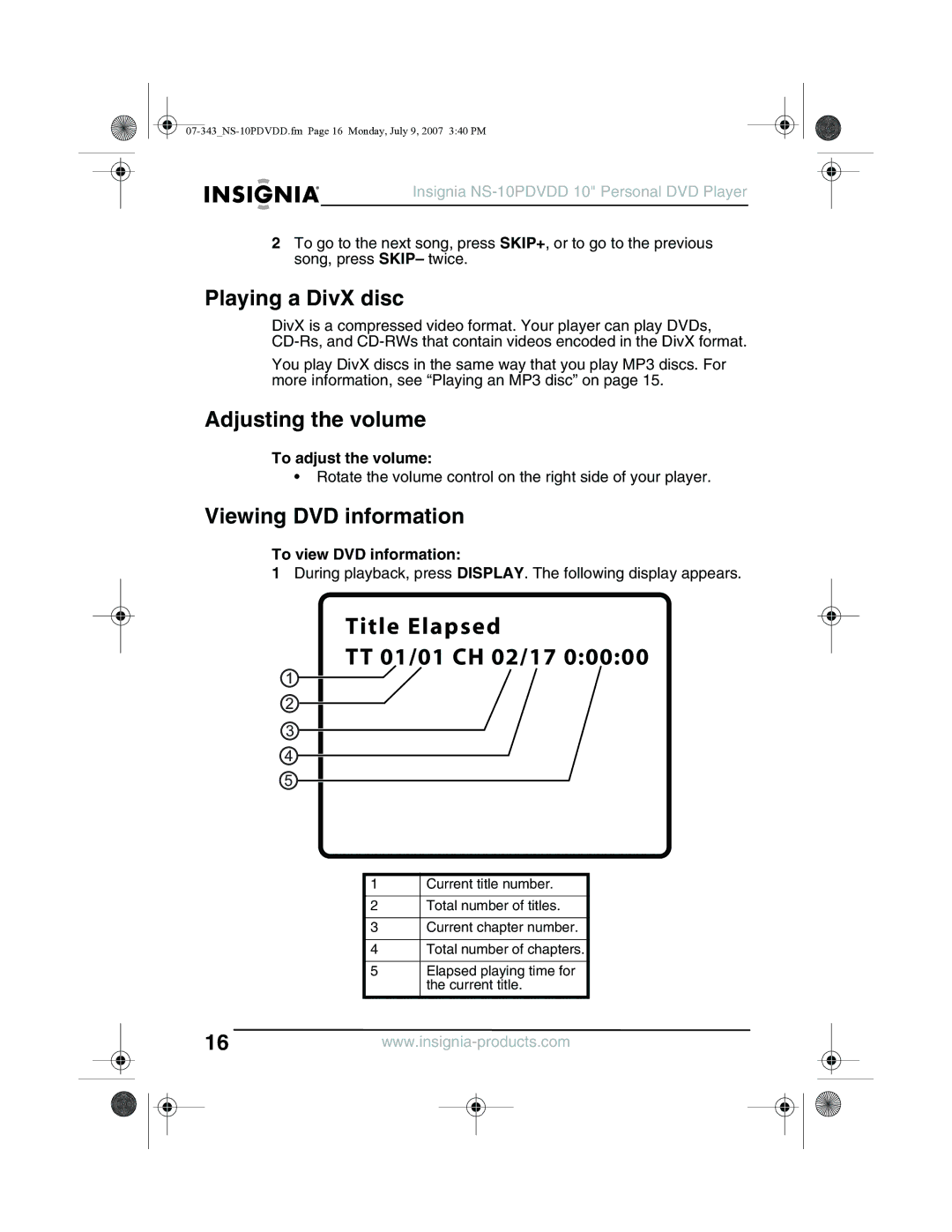 Insignia NS-10PDVDD manual Playing a DivX disc, Adjusting the volume, Viewing DVD information, To adjust the volume 