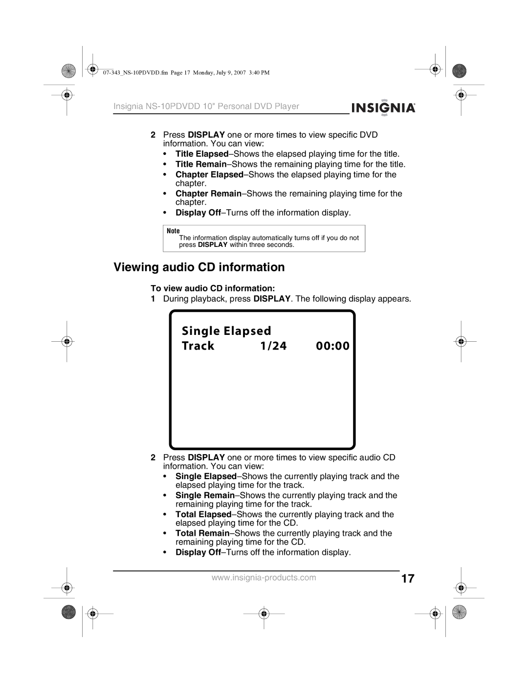 Insignia NS-10PDVDD manual Viewing audio CD information, To view audio CD information 