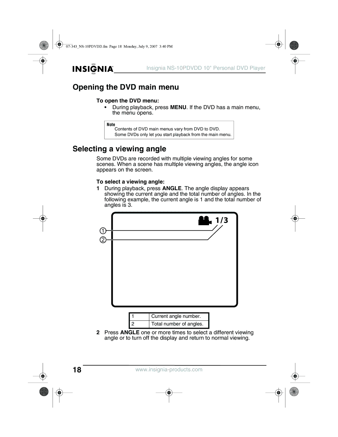 Insignia NS-10PDVDD Opening the DVD main menu, Selecting a viewing angle, To open the DVD menu, To select a viewing angle 