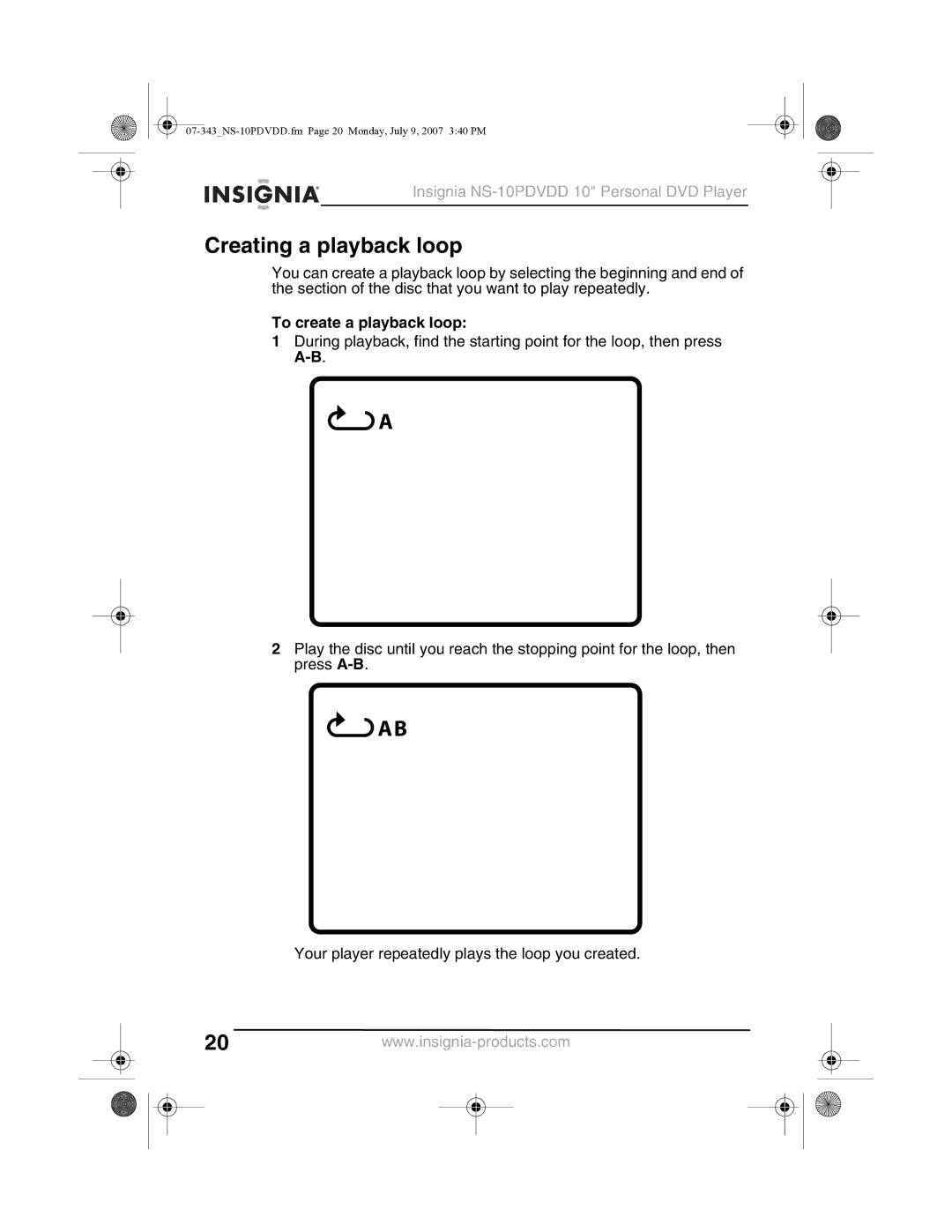 Insignia NS-10PDVDD manual Creating a playback loop, To create a playback loop 