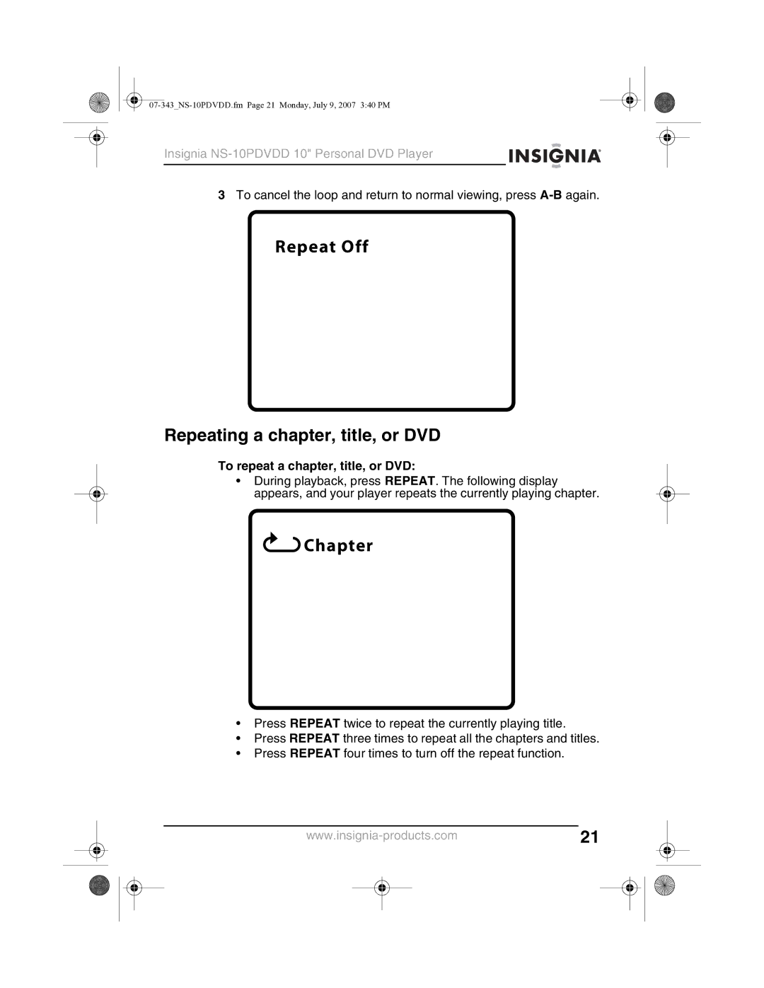 Insignia NS-10PDVDD manual Repeat Off Repeating a chapter, title, or DVD, To repeat a chapter, title, or DVD 