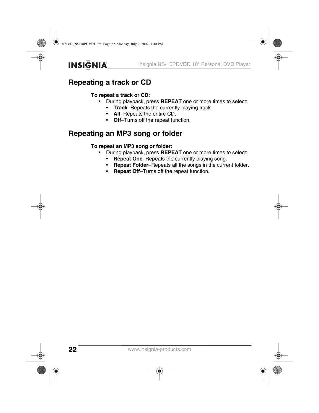 Insignia NS-10PDVDD manual Repeating a track or CD, Repeating an MP3 song or folder, To repeat a track or CD 