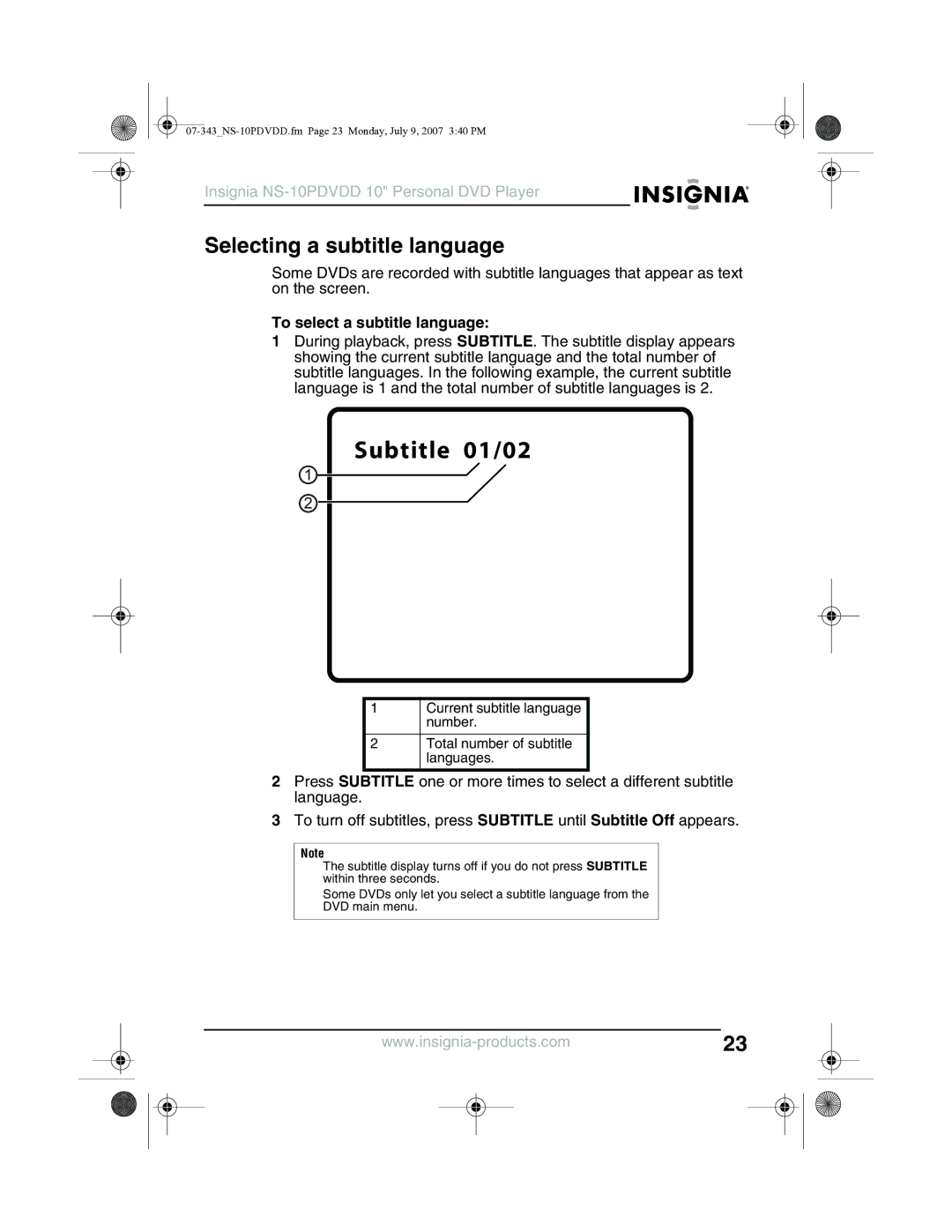 Insignia NS-10PDVDD manual Selecting a subtitle language, To select a subtitle language 