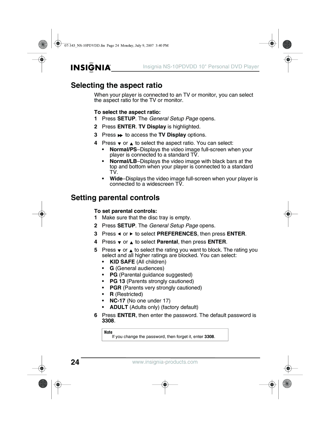 Insignia NS-10PDVDD manual Selecting the aspect ratio, Setting parental controls, To select the aspect ratio 